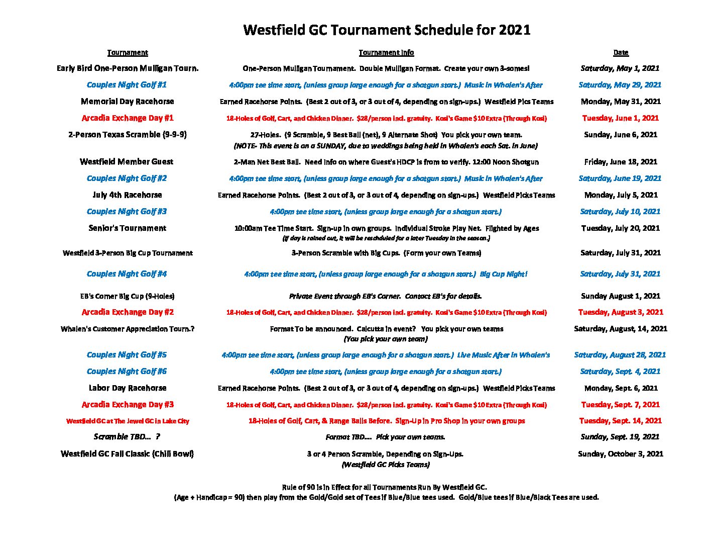 2021 Westfield GC Tournament and Event Schedule Westfield Golf Club