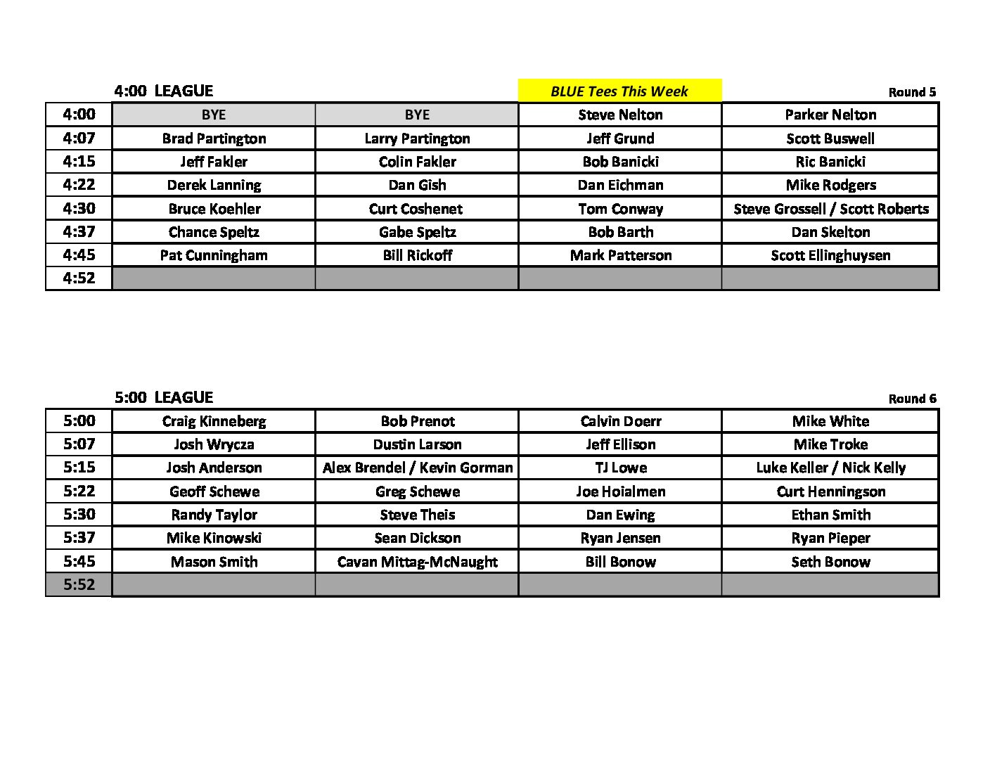 400 League and 500 League Tee Times and Pairings June 9 2022 (R5 R6