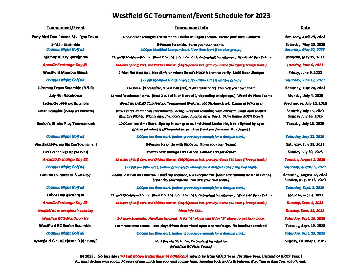 Westfield Tournament Schedule for 2023 PDF Westfield Golf Club